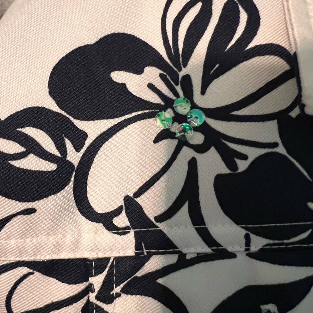 ALFRED DUNNER Sequin Jacket Womens 14 White Navy Blue Floral Shirt Shacket - Picture 3 of 9